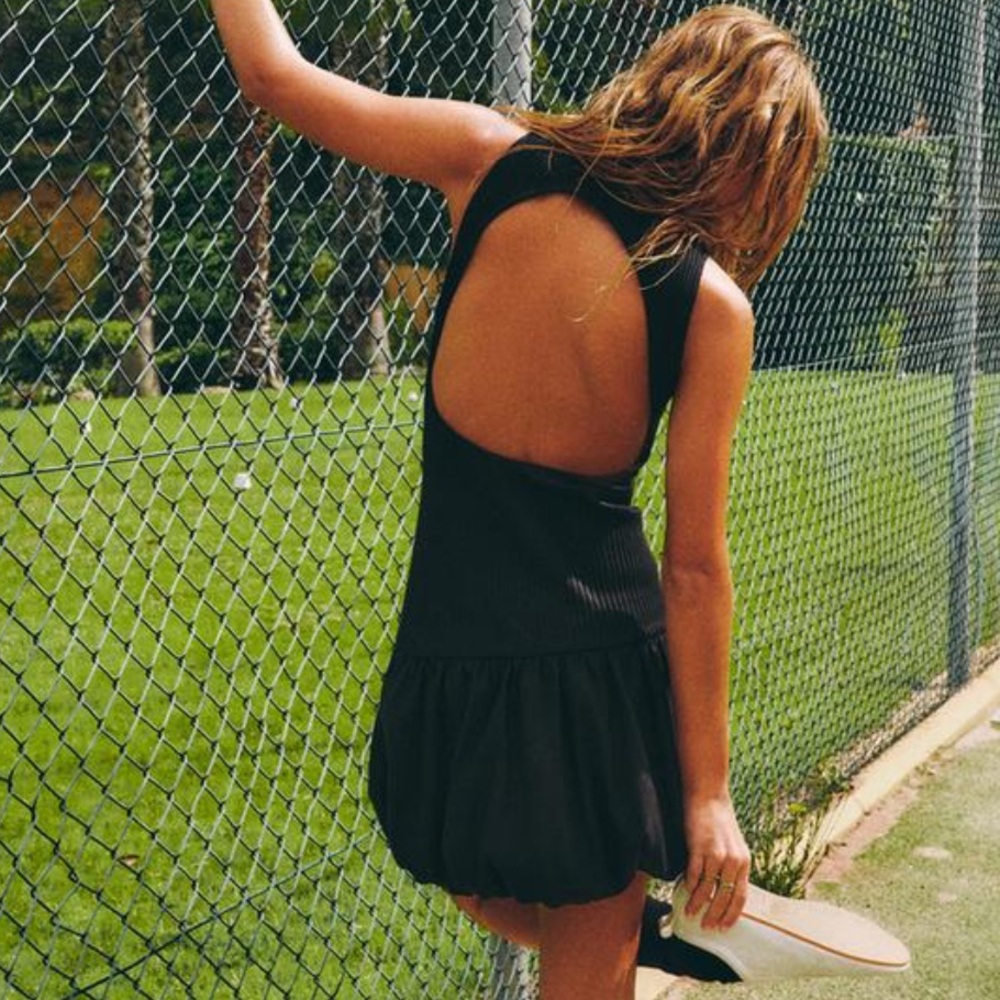 Black ribbed peplum hem tennis mini dress high neck open back - Picture 2 of 7